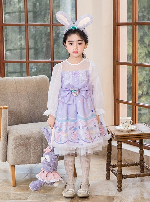 Cute Stardale Classic Lolita Ruffle Hem Princess Birthday Purple Bow Kids Long Sleeve Dress  |  Kids Dresses