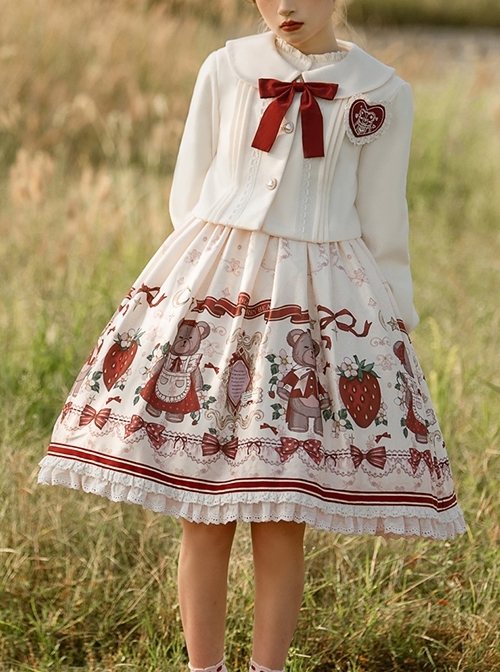 Cute Strawberry Bear Print Red Bow White Lace Hem Design Long Sleeve Coat Sweet Lolita Sleeveless Dress Suit  |  Sweet Lolita Dresses