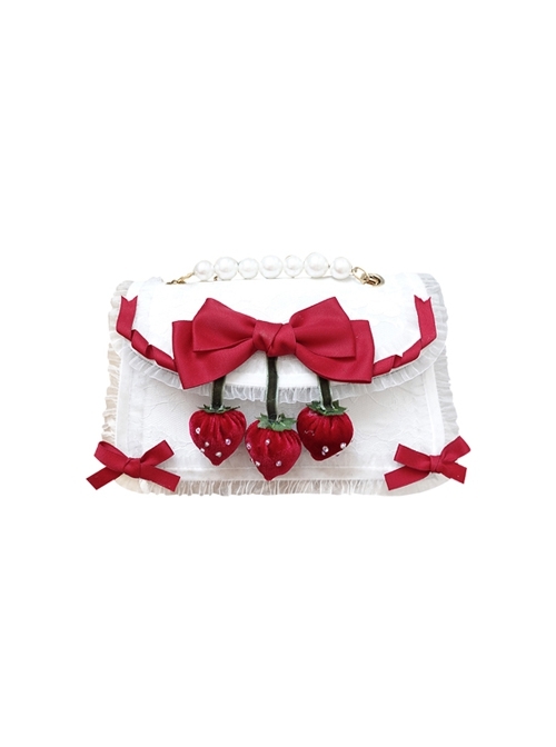 Cute Sweet Little Strawberry Red Bowknot Decoration Small Square Bag Sweet Lolita Portable Messenger Bag  |  Lolita Bags