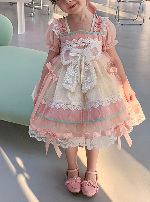 Cute Sweet Pleated Ruffled Lace Jacquard Big Bow Knot Design Classic Lolita Kid Dress  |  Kids Dresses