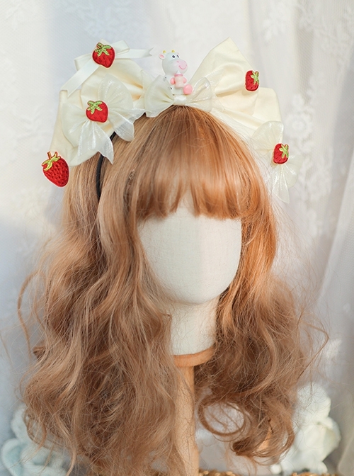 Cute Sweet Pure White Pleated Bow Strawberry Pattern Cute Cow Doll Decoration Classic Lolita Headband  |  Lolita Headbands