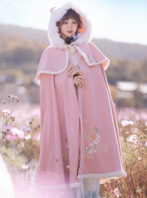 Cute Tiger Series Chinese Style Embroidery Fluffy Fur Collar Long Cloak Winter Warm Thicken Hanfu Lolita Coat  |  Coat & Jacket