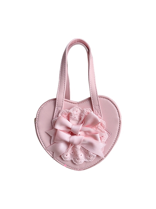 Cute Versatile Princess Style Girl Light Pink Heart Shape Bowknot Lace Sweet Lolita Cute Handbag  |  Lolita Bags