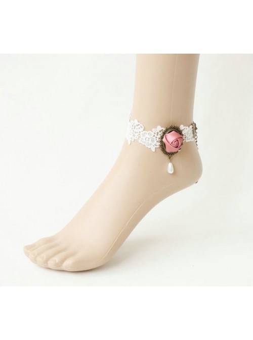 Cute White Floral Handmade Lolita Ankle Belt  |  Lolita Ankle Belts