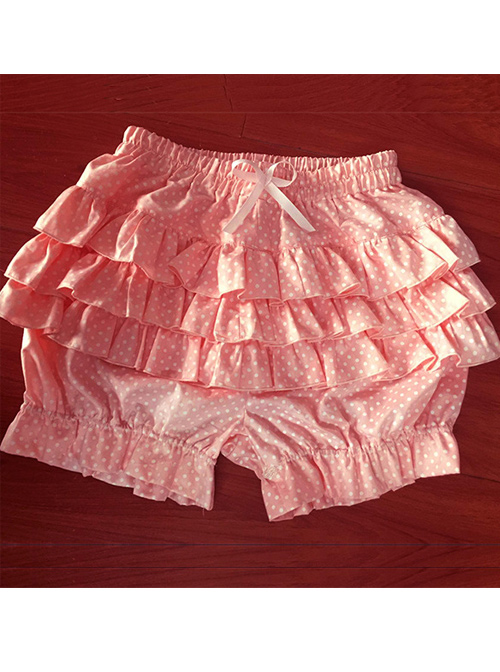 Cute White Wave Points Pink Bowknot Sweet Lolita Bloomers  |  Lolita Bloomers