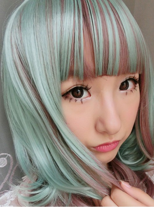 Cyan Rosy Brown Curls Lolita Short Wig  |  Wigs