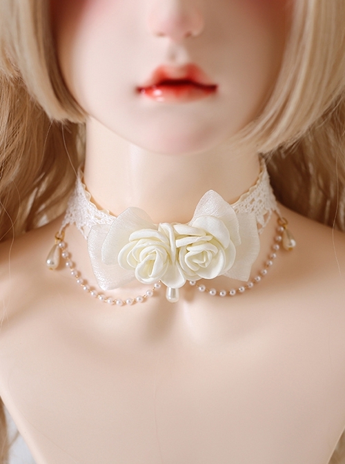 Daily All-Match Flower Lace Bead Chain Elegant White Classic Lolita Necklace  |  Lolita Necklaces