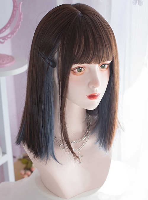 Daily Dark Brown Embellished Haze Blue Cute Short Straight Hair Qi Bangs Lolita Wigs  |  Wigs