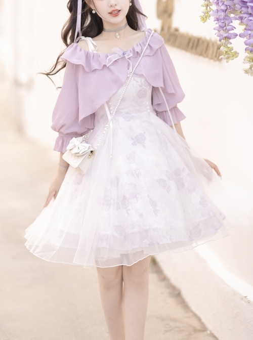 Daily Elegant Girl Purple Lantern Sleeve Short Coat Rose Print Slim Fit Classic Lolita Sleeveless Dress Set  |  Classic Lolita Dresses