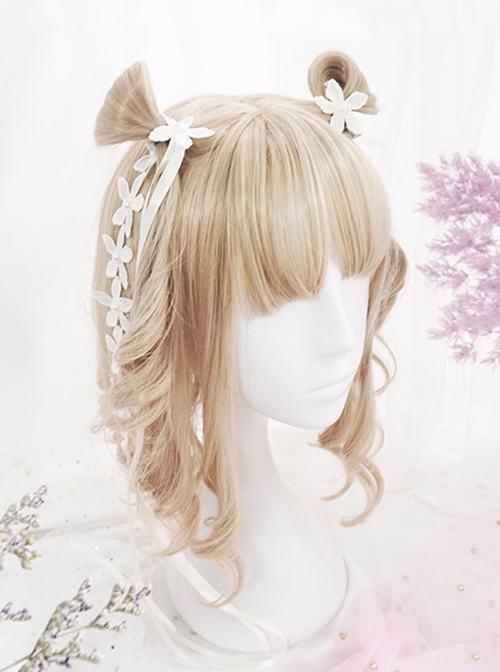 Daily Elegant Light Golden Color Flat Bangs Sweet Lolita Girly Lively Cute Roman Roll Short Curly Hair Wig  |  Wigs