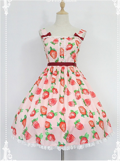 Daily Lolita Jumper Skirt Strawberries Printed Lolita JSK by Souffle Song  |  Plus Size Lolita Dresses