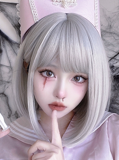 Daily Natural Qi Bangs Fashion Silver Short Straight Hair Classic Lolita Wig  |  Wigs