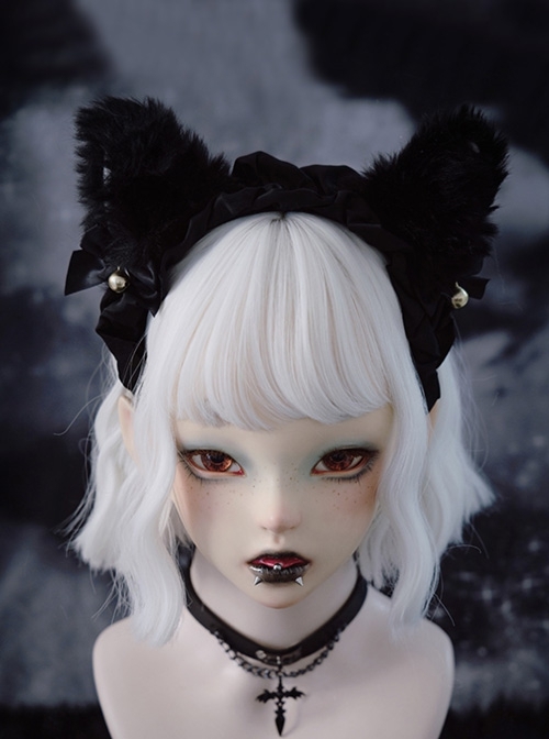 Daily Simple Pure Black Cute Plush Fox Ears Handwork Bowknot Bell Gothic Lolita Headband  |  Lolita Headbands