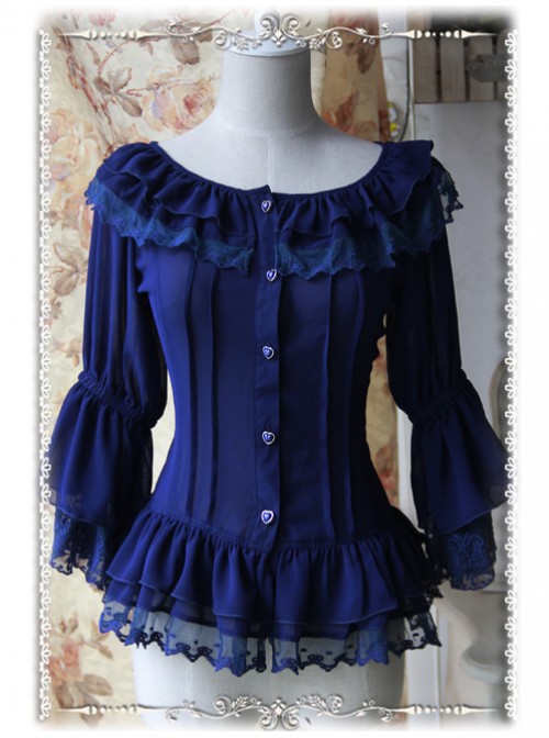 Daily Version Fairy Dance Series Deep Blue Small Trumpet Sleeves Lolita Shirt  |  Blouses