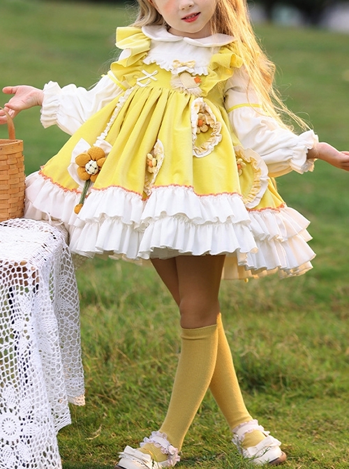 Daisy Yellow Asymmetrical 3D Flower Decoration Round Neck Vitality Sweet Lolita Kid Cute Fluffy Princess Dress  |  Kids Dresses