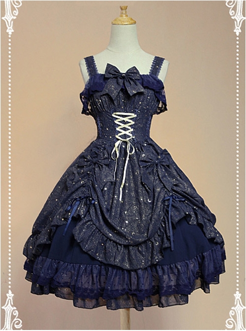 Dark Blue Bow Knot At Neckline Lace Wrinkle Vest Skirt  |  Classic Lolita Dresses