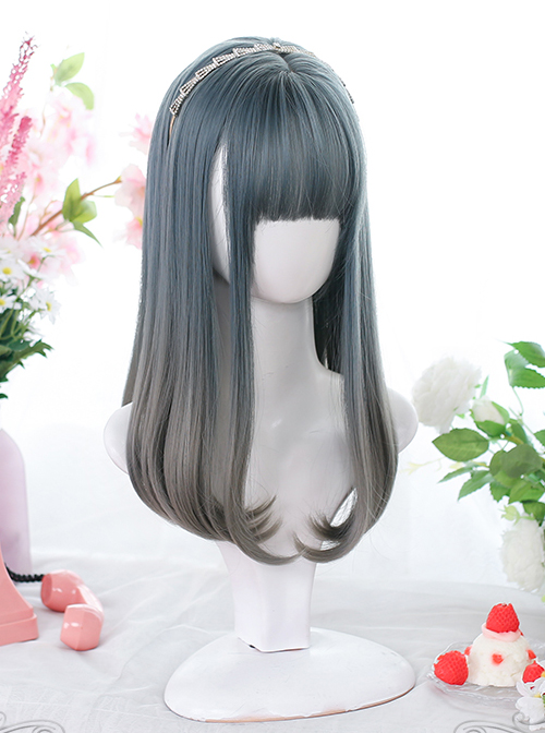 Dark Blue Gradient Gray Natural Internal Buckle Medium-Long Curly Wig Classic Lolita Wigs  |  Wigs