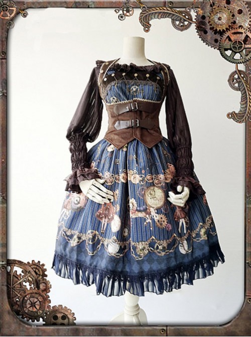 Dark Blue Mechanical Doll Bow Belt Dress  |  Punk Lolita Dresses