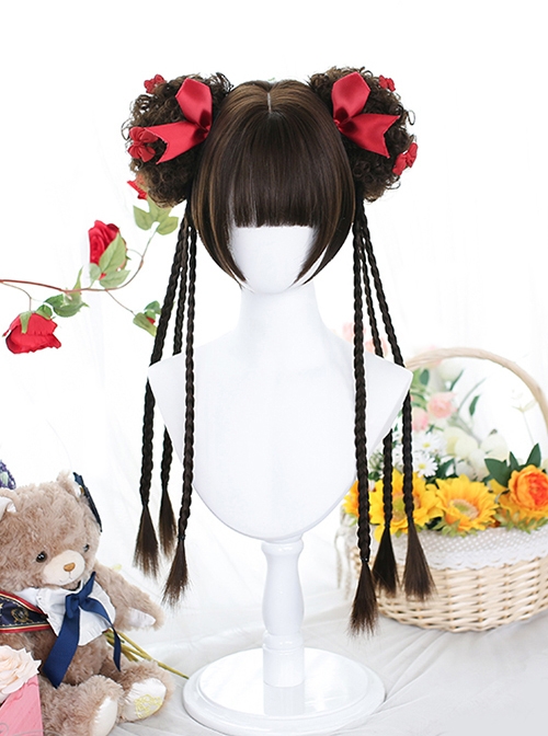 Dark Brown Cute Daily Long Double Ponytail Tiger-Mouth-Clips Air Bangs Sweet Lolita Short Wigs  |  Wigs