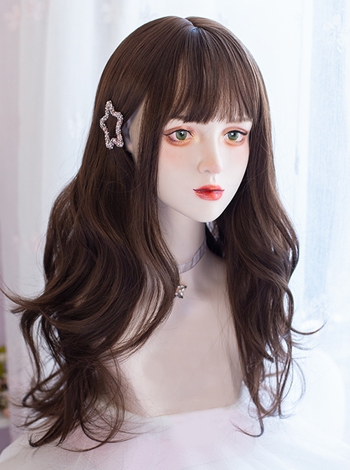 Dark Brown Natural Curly Hair Qi Bangs Lolita Medium Length Lolita Wigs  |  Wigs