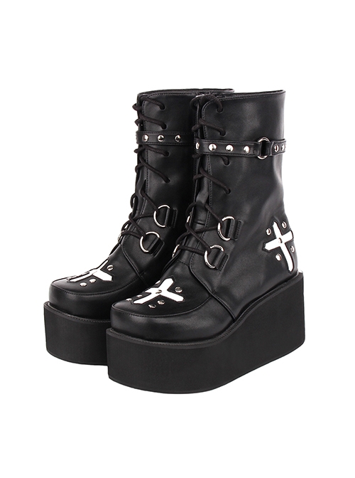 Dark Cool Cross Pattern Decoration Metal Rivet Belt Punk Round Toe Platform Shoes  |  Gothic & Punk Footwear