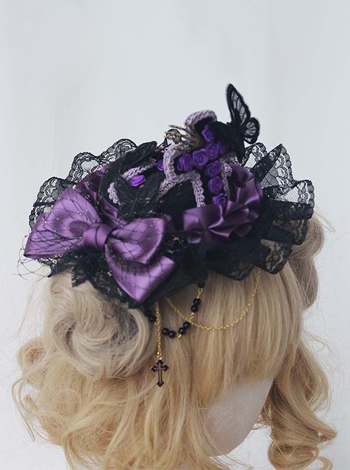 Dark Gothic Style Handmade Lace Bowknot Black Purple Retro Gorgeous Lolita Top Hat  |  Lolita Headbands