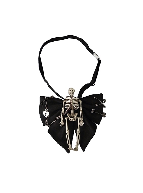 Dark Halloween Style Skull Skeleton Decoration Metal Pin Chain Decoration Gothic Lolita Bow Knot Tie  |  Lolita Necklaces