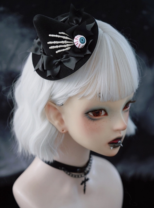 Dark Horror Skull Eyeball Bow-Knot Witch Hat Halloween Gothic Lolita Top Hat Hairpin  |  Lolita Hairpins