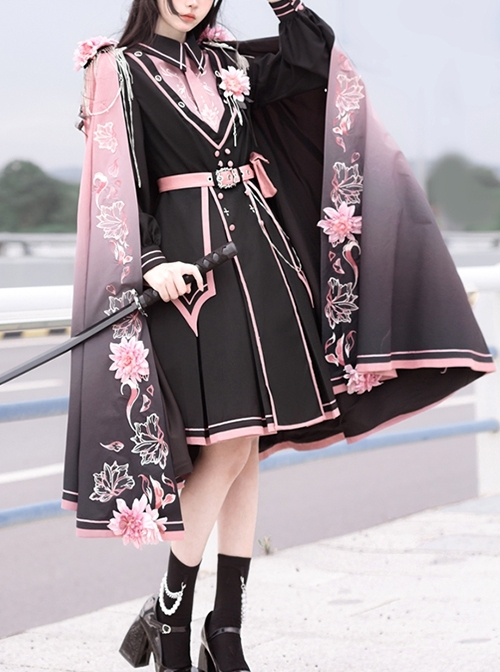 Dark Military Lolita Black Pink Color Gradient Sweet Sakura Theme Stereoscopic Flower Epaulets Double Shoulder Cloak Set  |  Coat & Jacket