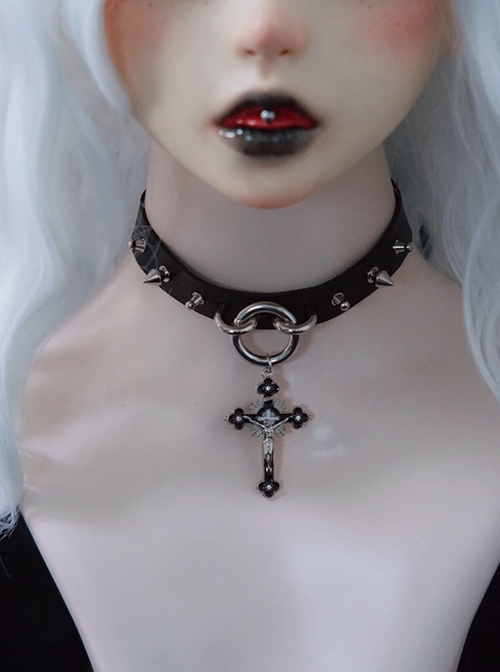 Dark Punk Style Leather Personalized Rivet Decoration Metal Jesus Cross Lolita Necklace  |  Lolita Necklaces