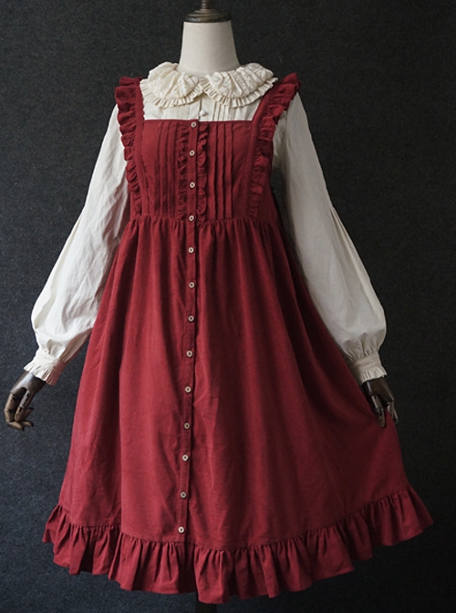 Dark Red Fungus Lace Corduroy Skirt Sweet Lolita Dress  |  Sweet Lolita Dresses