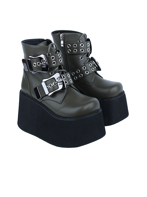 Dark  Roundhead Metal Buckle Belt Square Skull Decoration Platform Wedge Punk Style Zipper Short Boots  |  Gothic & Punk Footwear