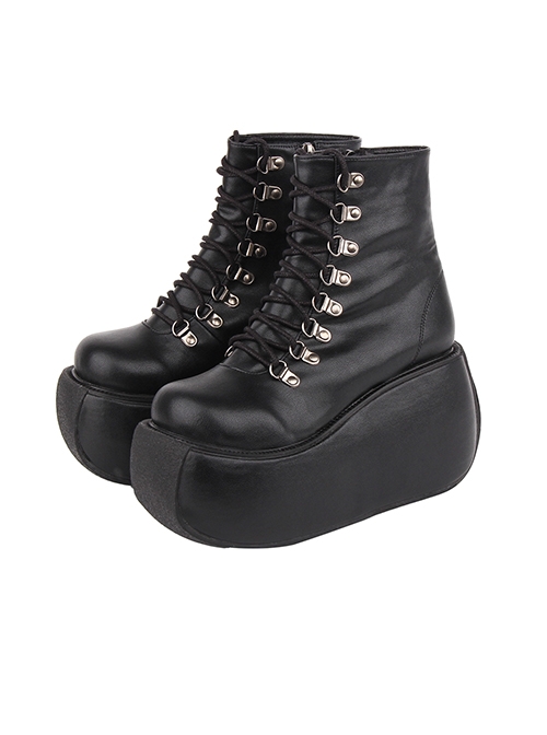 Dark Series Punk Style Round Head Cross Strap Design Platform High Heels Short Boots  |  Gothic & Punk Footwear