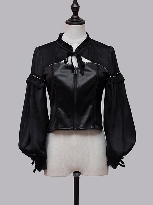 Dark Sweet Cool Style Pleated Cutout Bow Tie Metal Buckle Decoration Leather Long Sleeve Punk Lolita Shirt  |  Blouses