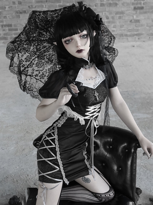 Darkness Feast Series Lace Straps Black Sexy Improved Cheongsam Gothic Dress  |  Gothic & Punk Dresses