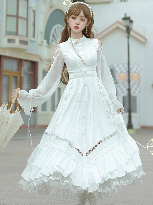 Dawn Sacrifice Series OP Pure White Elegant Long Style Classic Lolita Long Sleeve Dress  |  Classic Lolita Dresses