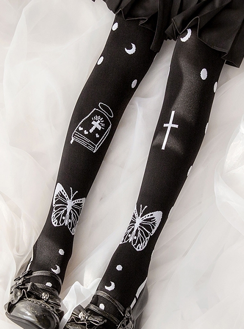 Death Prayer Series Black Butterfly Cross Print Knit Halloween Long Socks Classic Lolita Socks  |  Lolita Socks