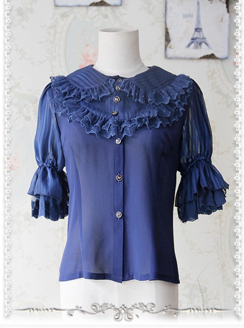 Deep Blue Glass Striped Doll Collar Lolita Bubble Sleeve Shirt  |  Blouses