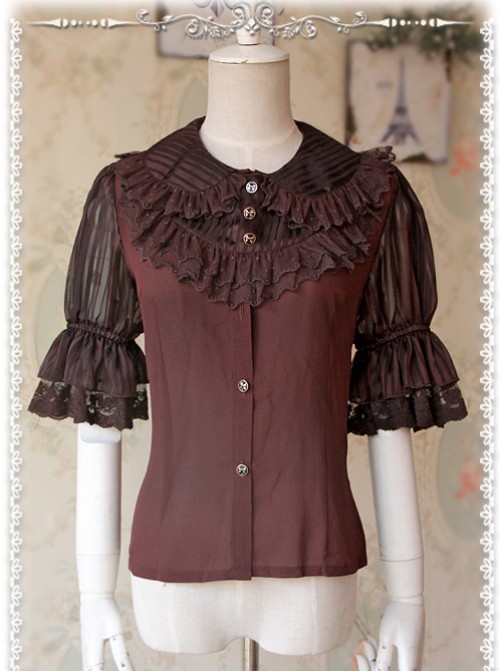 Deep Brown Glass Striped Doll Collar Lolita Bubble Sleeve Shirt  |  Blouses