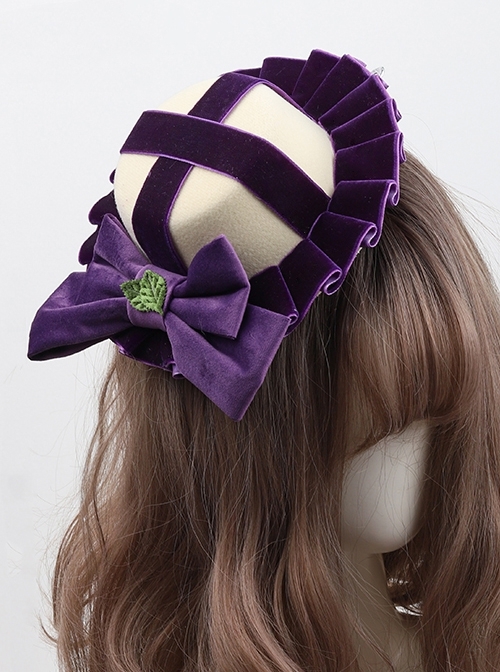 Deep Purple Vintage Velvet Cross Pleated Bowknot Green Leaf Classic Lolita Small Top Hat  |  Lolita Headbands