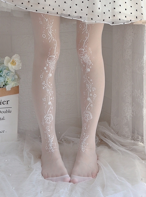 Deep Sea Story Series Solid Color Spring Summer White Print Classic Lolita Pantyhose  |  Lolita Socks