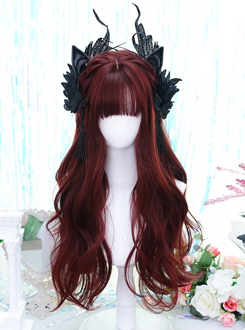 Deep Wine Red Natural Qi Bangs Irregular Long Curly Hair Gothic Lolita Wig  |  Wigs