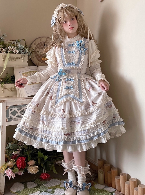 Deer Bell Girls Series Elegant Cute Animal Pattern Printing Lace Bowknot Decoration Ruffle Hem Classic Lolita Short Sleeve Dress OP  |  Classic Lolita Dresses