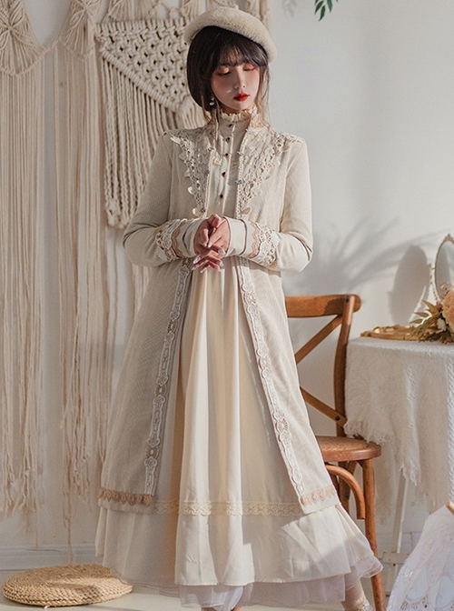 Delicate Jacquard Lace Butterfly Embroidery Pure White Elegance Buckle Design Classic Lolita Long Coat  |  Coat & Jacket