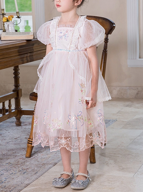 Delicate Lace Flower Embroidery Princess Temperament Mesh Children Lolita Kids Puff Sleeves Dress  |  Kids Dresses