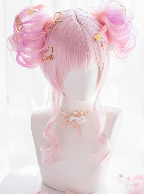 Detachable Double Flower Roll Pink Short Wig Sweet Lolita Wigs  |  Wigs