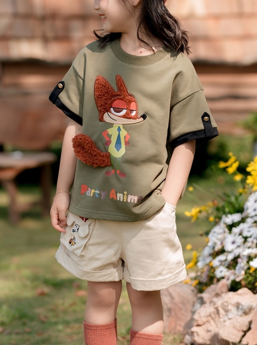 Disney Cartoon Brown Plush Fox Nick Cute Cool Green Kawaii Fashion Sport Round Neck Short Sleeves Kid T Shirt  |  Kids Tops