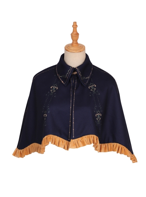 Divine Salvation Series OP Printing Retro Gothic Lolita Dark Blue Lapel Short Cape  |  Coat & Jacket