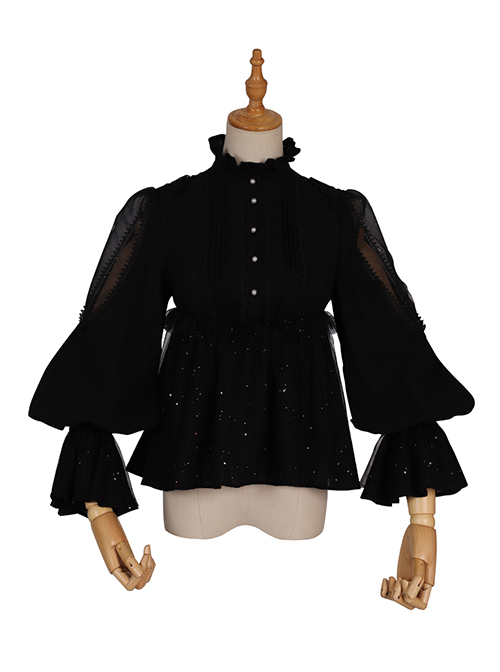 Divine Salvation Series Retro High Collar Gothic Lolita Black Long Sleeve Shirt  |  Blouses