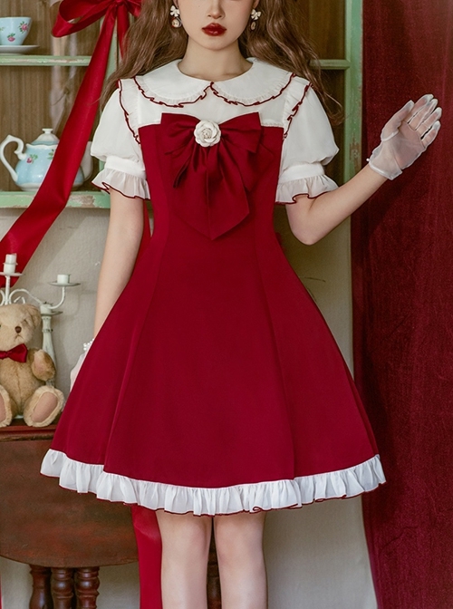 Doll Collar Chest Red Big Bow Puff Sleeves Ruffled Hem Design Classic Lolita Short Sleeve Dress  |  Classic Lolita Dresses